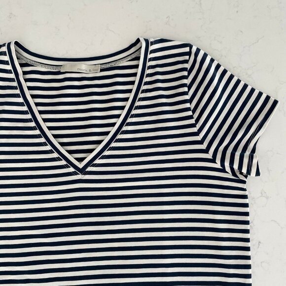 Monk & Lou SS V Neck Striped T Shirt Top Cotton Spandex Blue Wht Sz M/L - Picture 2 of 10
